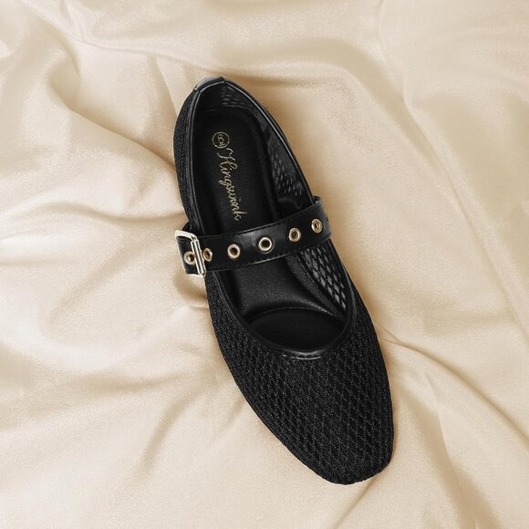 Women Mesh Black Polyurethane (PU) Closed Toe Strap Buckle Ballerina Flats - Picture 4 of 5